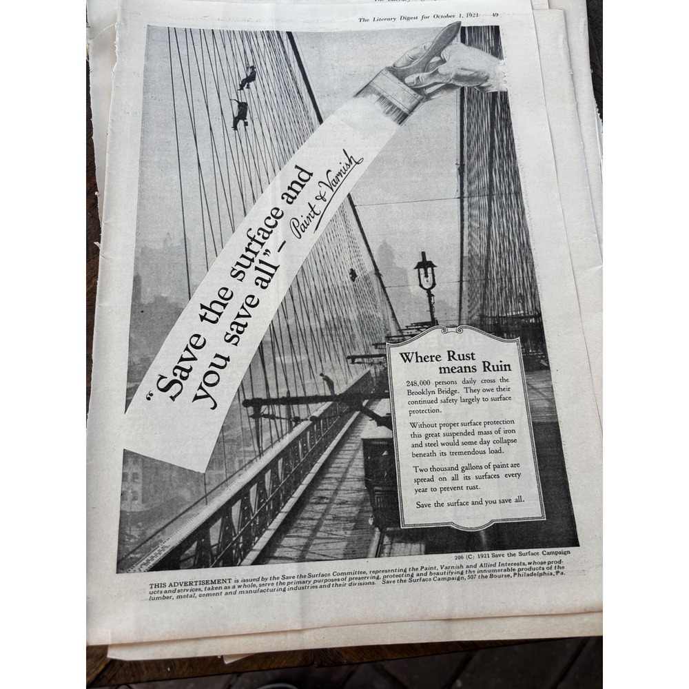 1921 Brooklyn Bridge Save The Surface Print Ad Paint Varnish Vintage NYC Art B&W